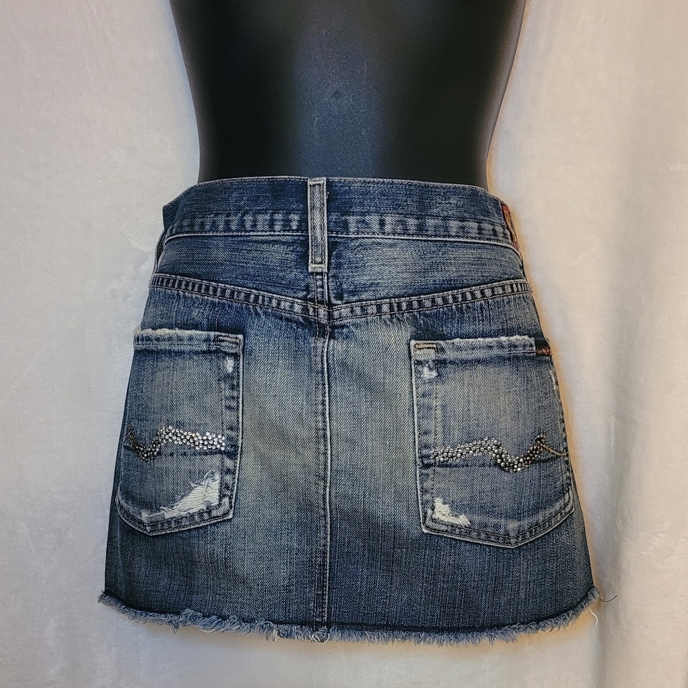 7 For All Mankind Distressed Blue Denim Mini Skirt